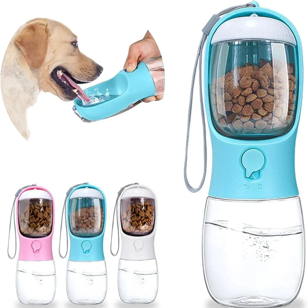 Pet water bottle and food container with a dog drinking from it, shown in blue, pink, and clear.